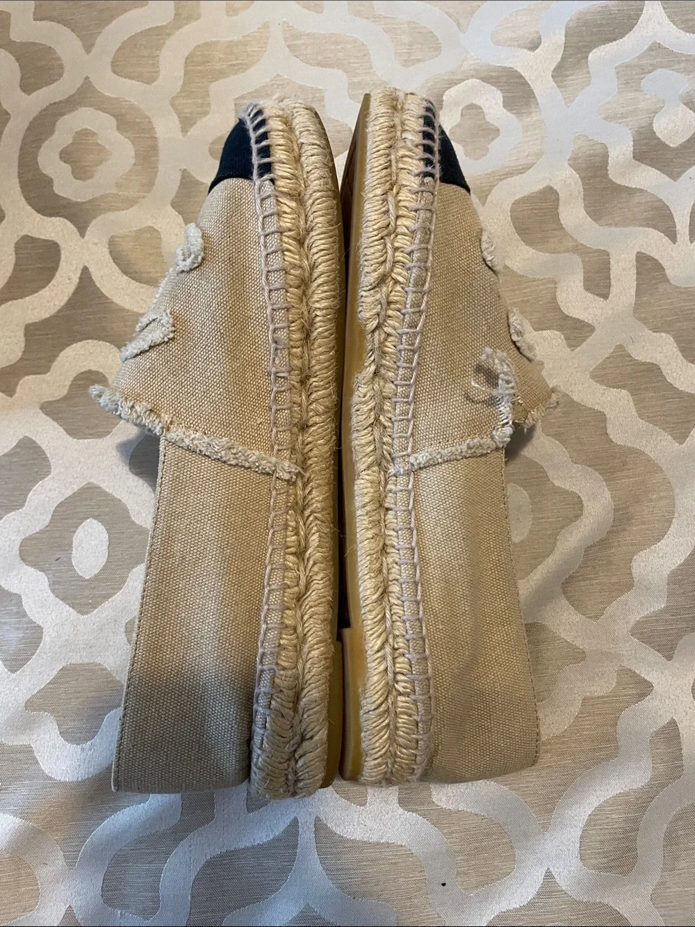 CHANEL Tan and Black Canvas Espadrille Flats AUTHENTIC